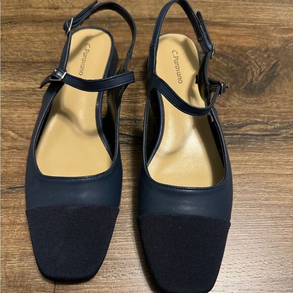 C.Paravano Navy Leather Square Toe Slingback Flats - Picture 6 of 9